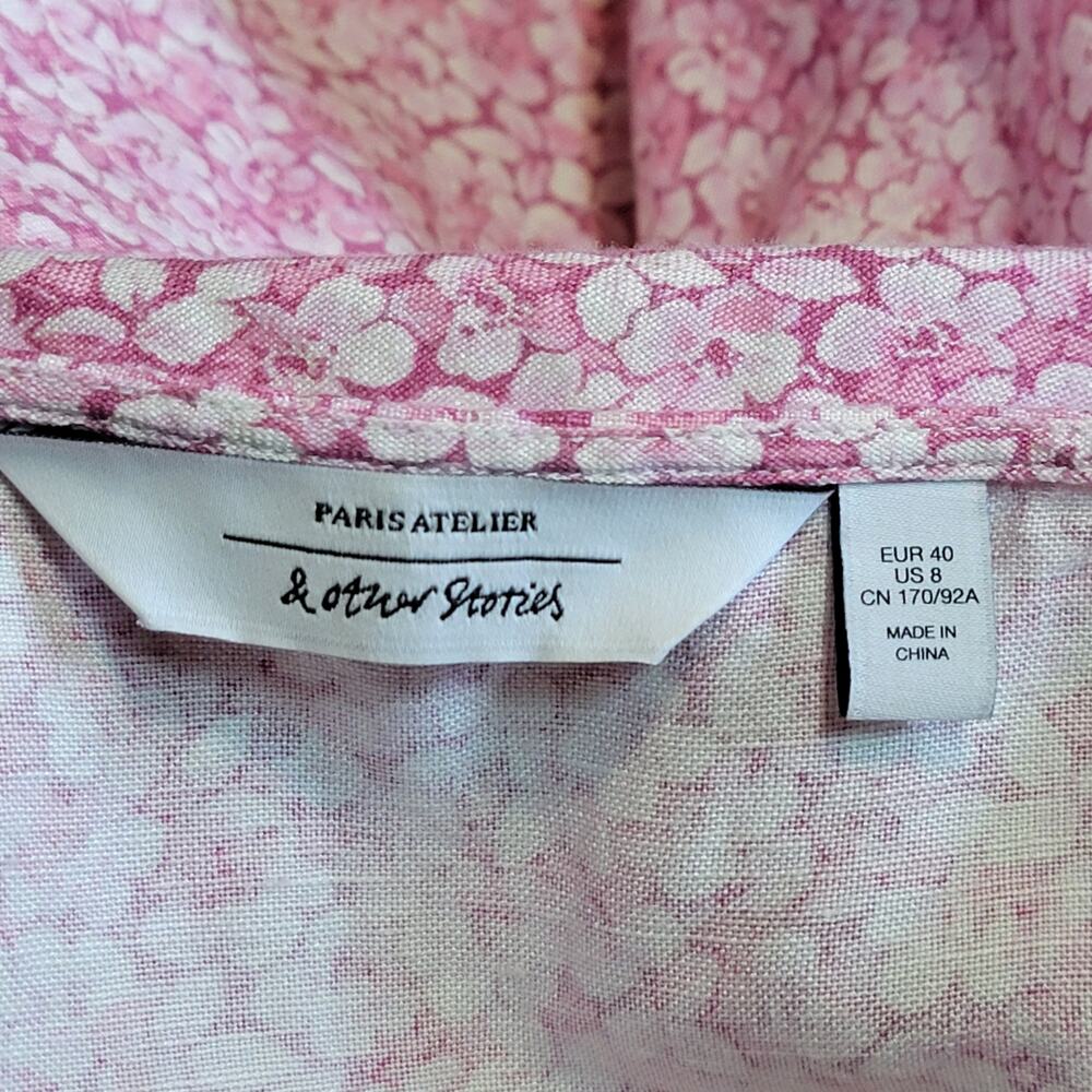 & Other Stories Floral Puff Sleeve Mini Dress Linen Blend Pink White Fitted 8 - Picture 13 of 16